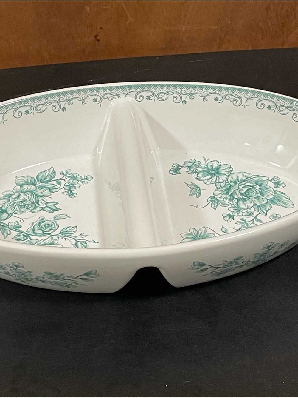 The Pioneer Woman White Ceramic Divided Serving Dish with Green Floral Pattern